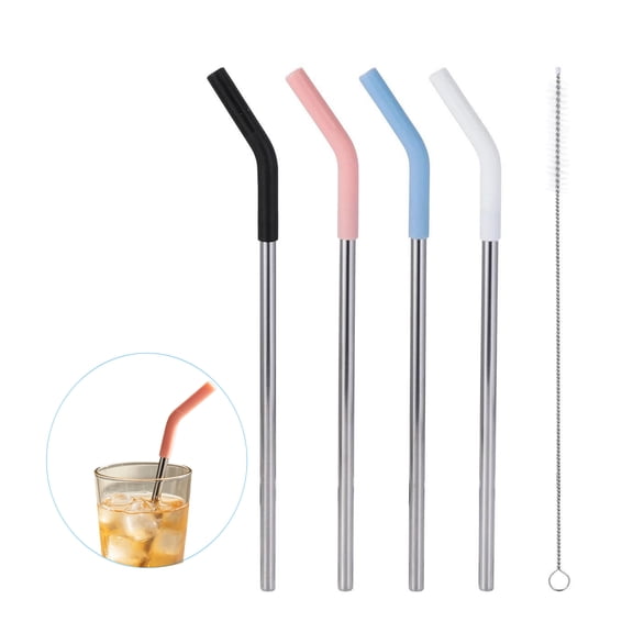 Metal Straws Stainless Steel Straw Set with Silicone Tips, Reusable Drinking Straws for Multiple Mugs & Tumblers, Dishwasher Safe, 4 Straws   1 Brush   4 Tips