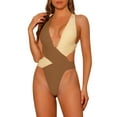 thumbnail image 1 of INSPIRAR CHIC Traje de baño de una pieza para mujer, color contrastante, cuello en V profundo, espalda cruzada, bañador, monokini, tamaño XL, café y beige, 1 of 5