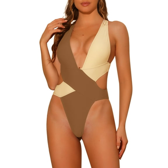 DARING DIVA Contrast Color Criss Cross Back Swimsuit S Coffee Beige