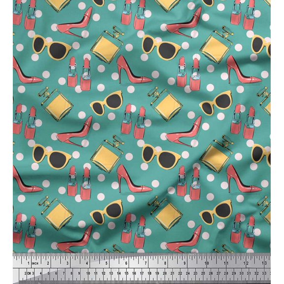 Soimoi Crepe Silk Fabric Lipstick,Perfume Bottle & High Heels Fashion Print Fabric by The Yard 42 Inch Wide