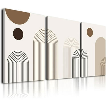 Abstract Boho Wall Art Set of 3, Mid-Century Modern Wall Prints, Framed Canvas Wall Art for Living Room, Minimalist Neutral Beige Brown Geometry Artwork Paintings, Modern Boho Room Decor Ready To Hang
