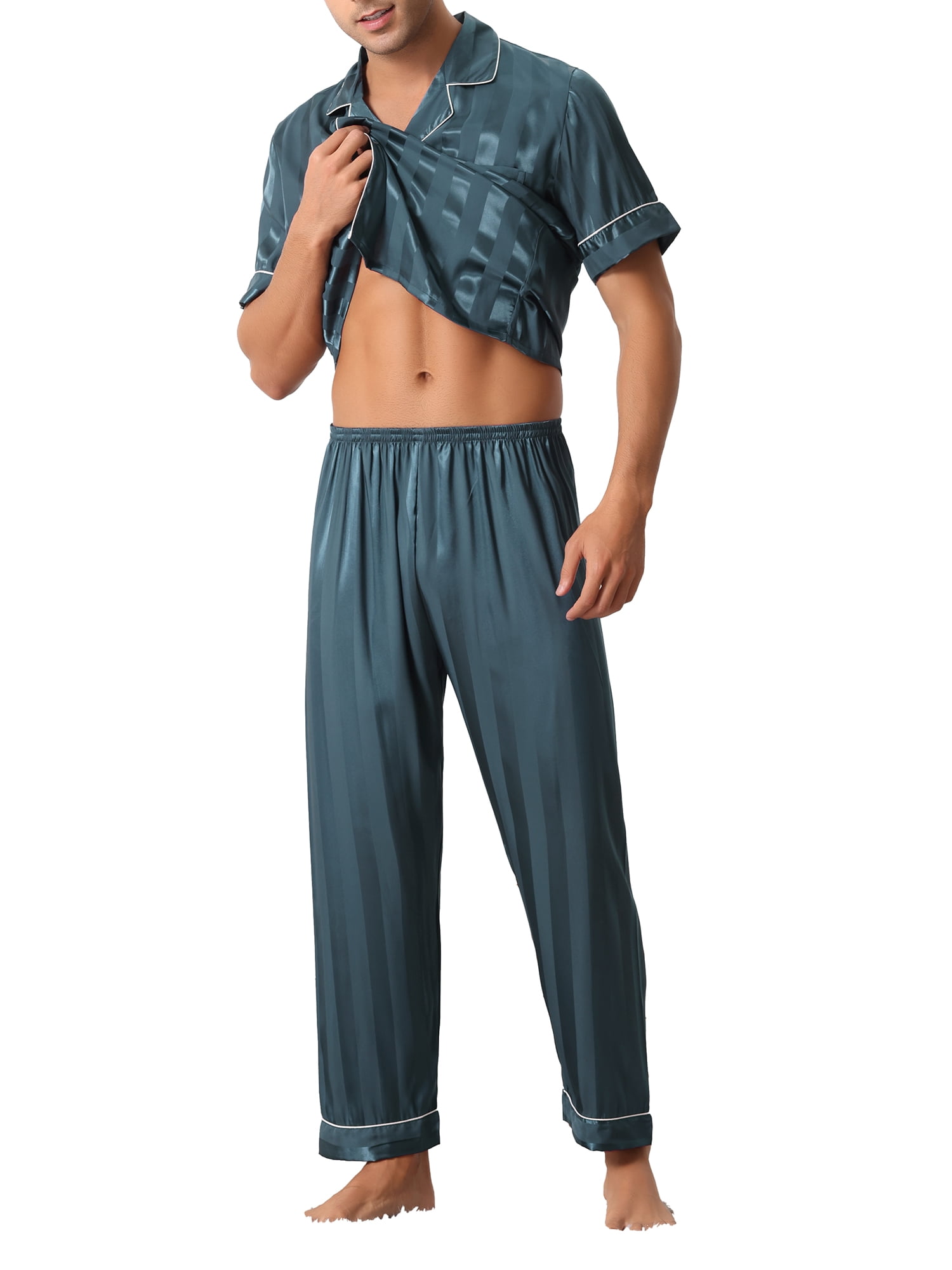 Unique Bargains Men Striped Satin Button Down Short Sleeve Long Pants Pajama Set L Blue