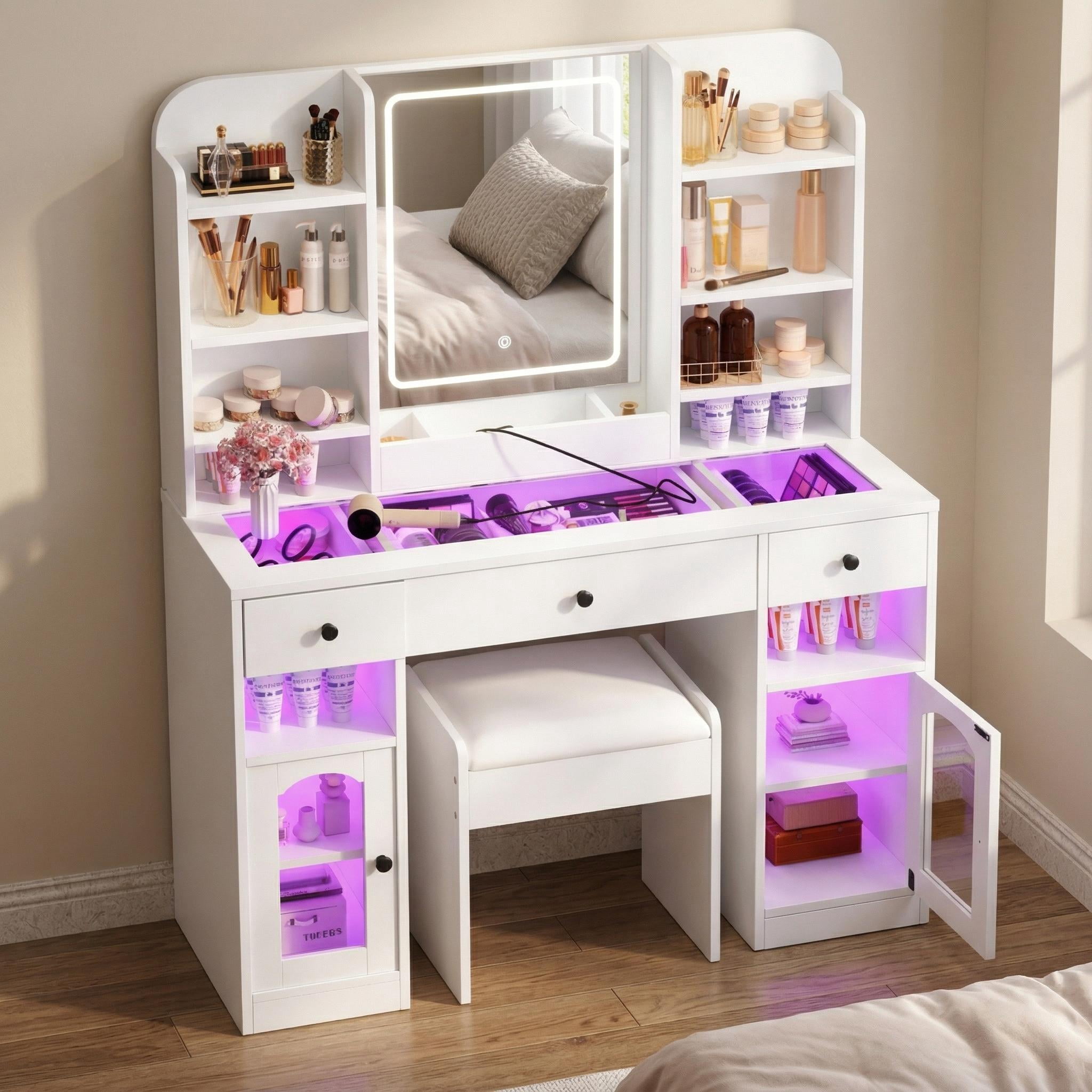 Homy Casa Makeup Vanity Table with Lighted Mirror, RGB Lights, Charging & Stool, White