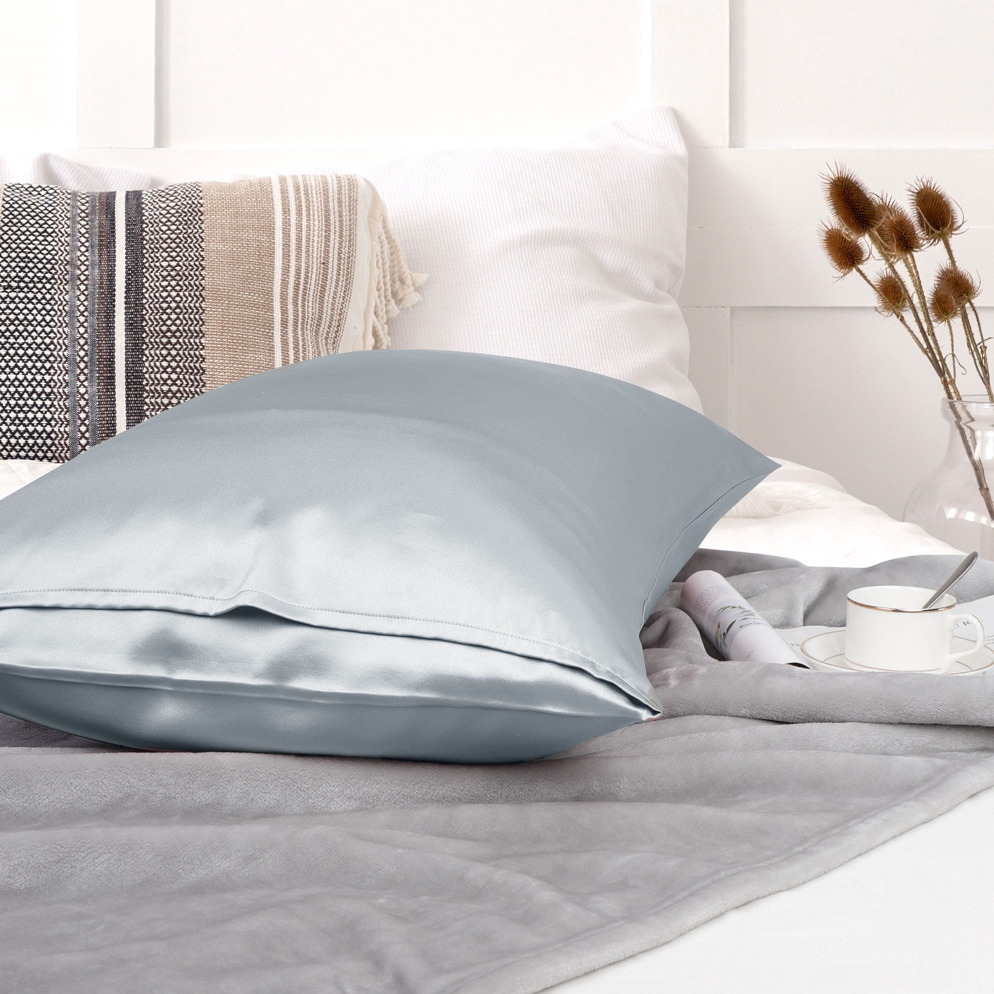 PiccoCasa 25 Momme Silk Pillow Cover with Envelope Closure, Silver Grey Queen(20"x30")