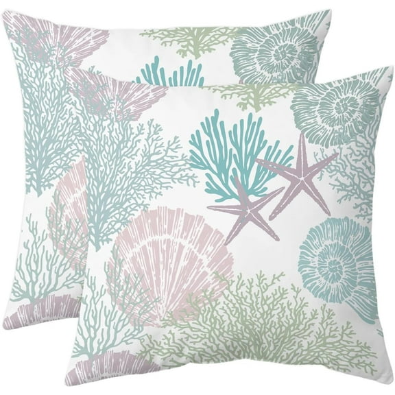 2-Pack, Nautical Coastal Throw Pillow Covers 18x18 Set of 2 Beach Themed Ocean Seashell Coral Starfish Velvet Couch Decorative Pillow Cases Outdoor Sofa Cushion Cover for Bedroom Living Room, Aqua