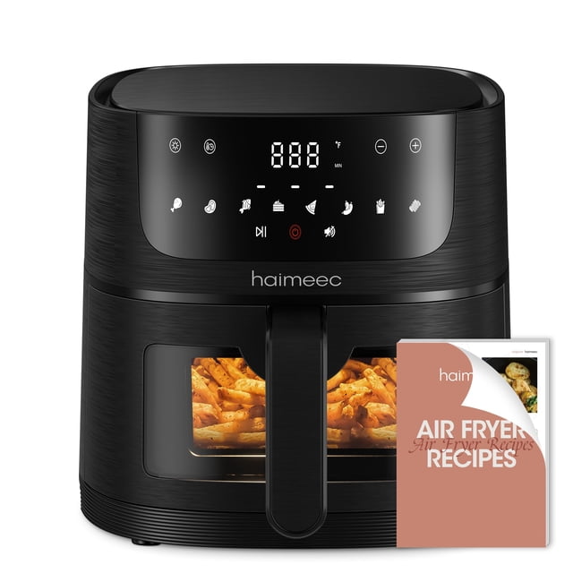 Freidora de aire HAIMEEC 8 en 1 con capacidad de 6,3 cuartos y ventanas de fácil visualización, máx. 400 F, 95 % menos aceite, más de 100 recetas, recordatorio de batido, cesta antiadherente para asar