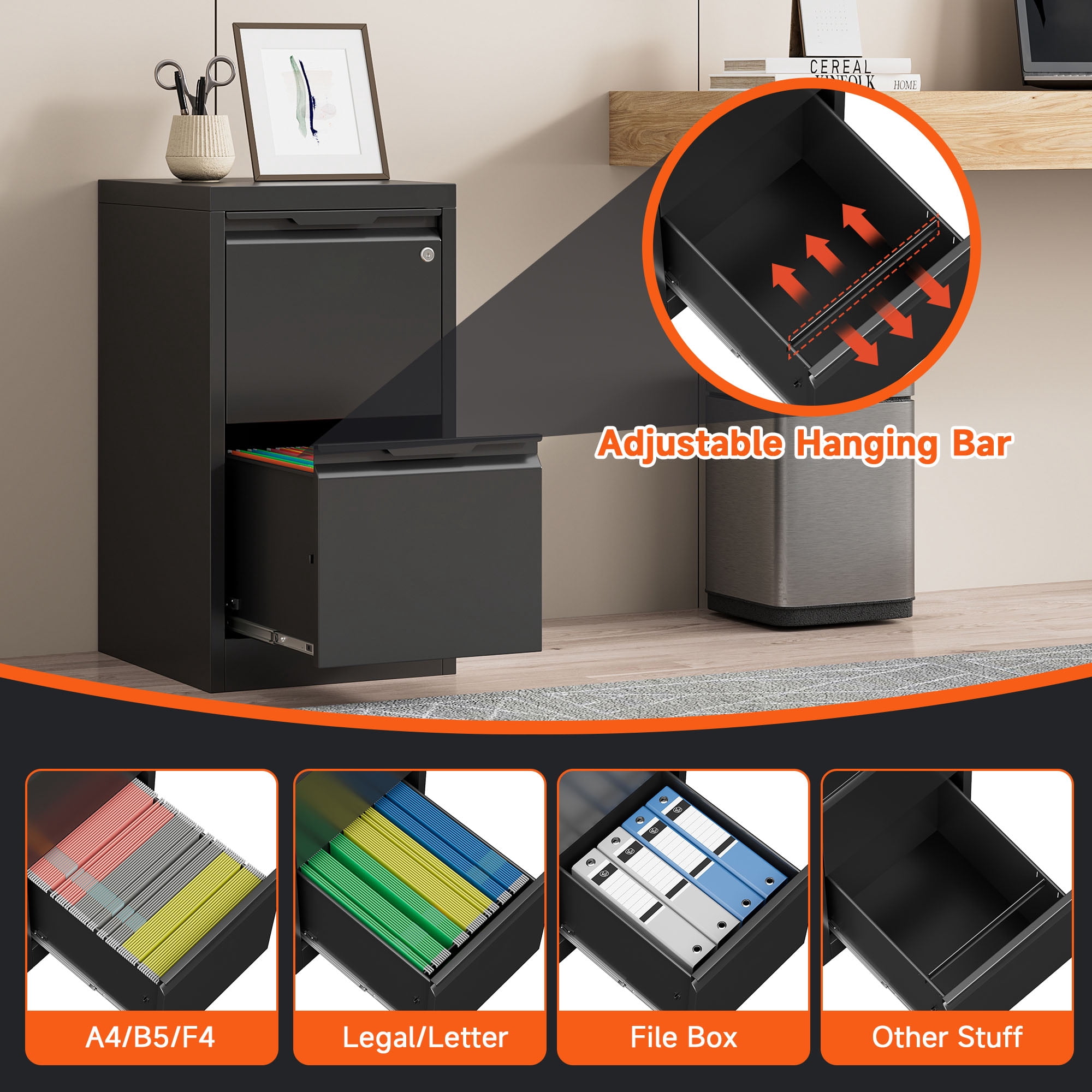 Topass 2-Drawer Locking Metal File Cabinet, Home Office Storage, A4/Legal/Letter Hanging, Assembly Required.Black