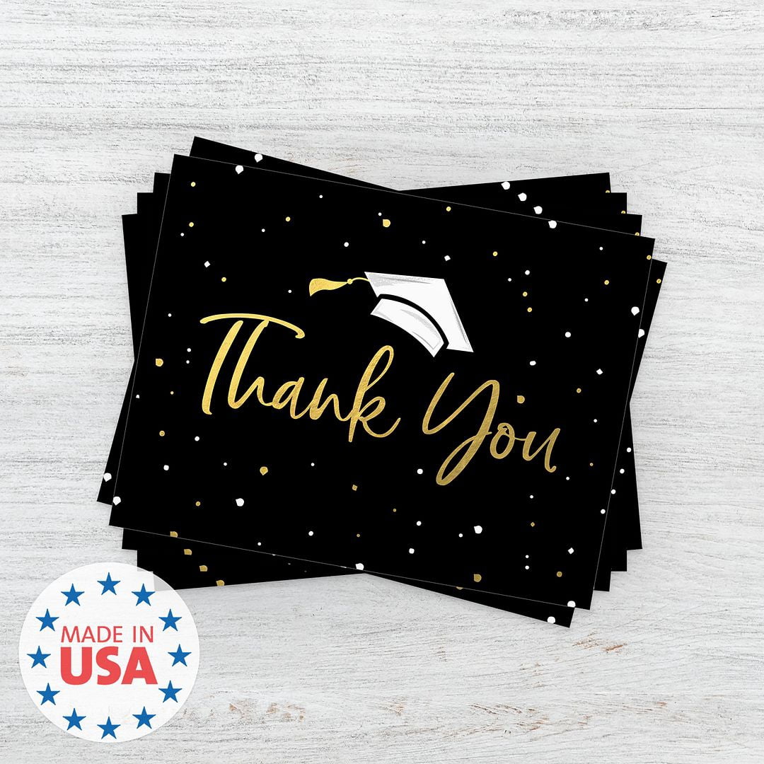 Faux Gold Confetti Graduation Thank You Cards / 100 Bulk Note Cards With White Envelopes / 4 1/4" x 5 1/2" High School College Grad Greeting Cards / Made In The USA