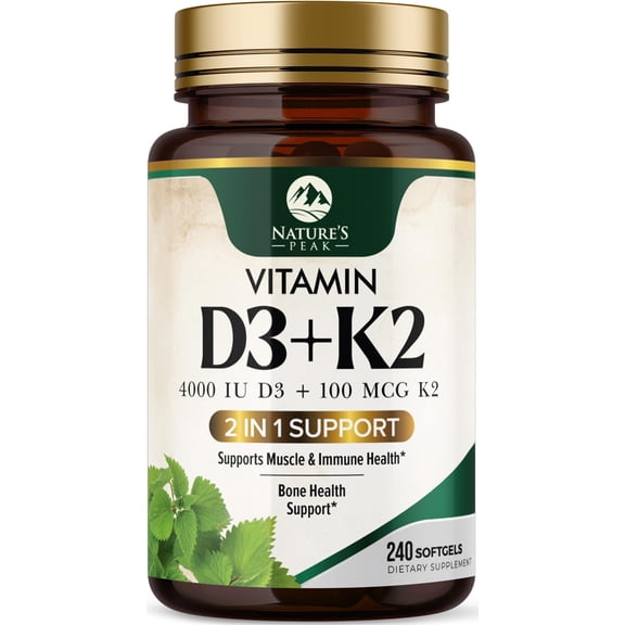 Vitamin D3 K2 - High Potency Vitamin D3 K2 - 2-in-1 Complex Vitamin D & K2 (MK7) Supplement - Gluten Free - Bone & Immune Support - Vitamin D3 4000 IU Per Softgel - Bottled in the USA, 240 Softgels