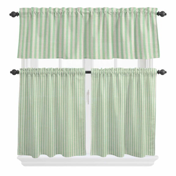 3 Piece Kitchen Curtains and Valances Set Sage Green Striped Cafe Curtains 24 Inch Length Modern Simple Farmhouse Beige Valance & Tier Curtain for Living Room Bedroom Small Window 54"x18" 27"x24"*2