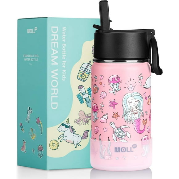 shiyou-Small Water Bottle 12 oz Stainless Steel Insulated Water Bottle with Leak Proof Straw Lid-Reusable Metal Sports Water Flask for Girls for School-Mermaid