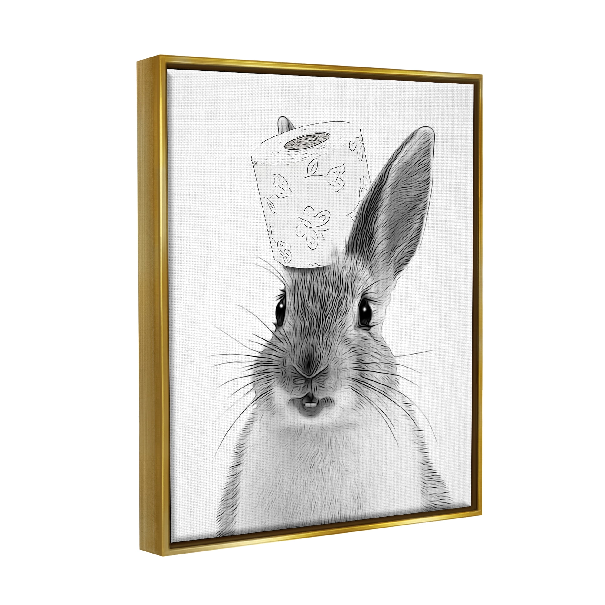 Stupell Industries Rabbit & Toilet Paper Bathroom Animals & Insects Painting Gold Floater Framed Art Print Wall Art