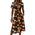 thumbnail image 4 of Halloween Costume Dresses for Women Short Sleeve V-Neck Halloween Print Casual Dress for Halloween Parties, Cosplay, Trick or Treat Saffron B L, 4 of 5