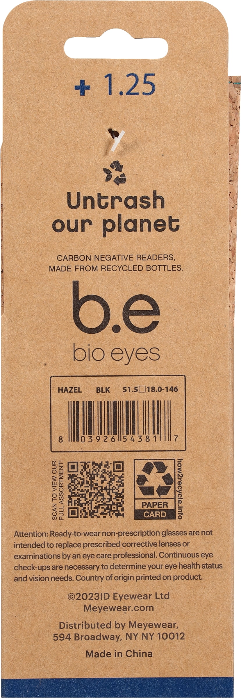 (2 pack) B.E Bio Eyes Womens Cateye Reading Glasses Made from Recycled Plastic Hazel +1.25 in Black