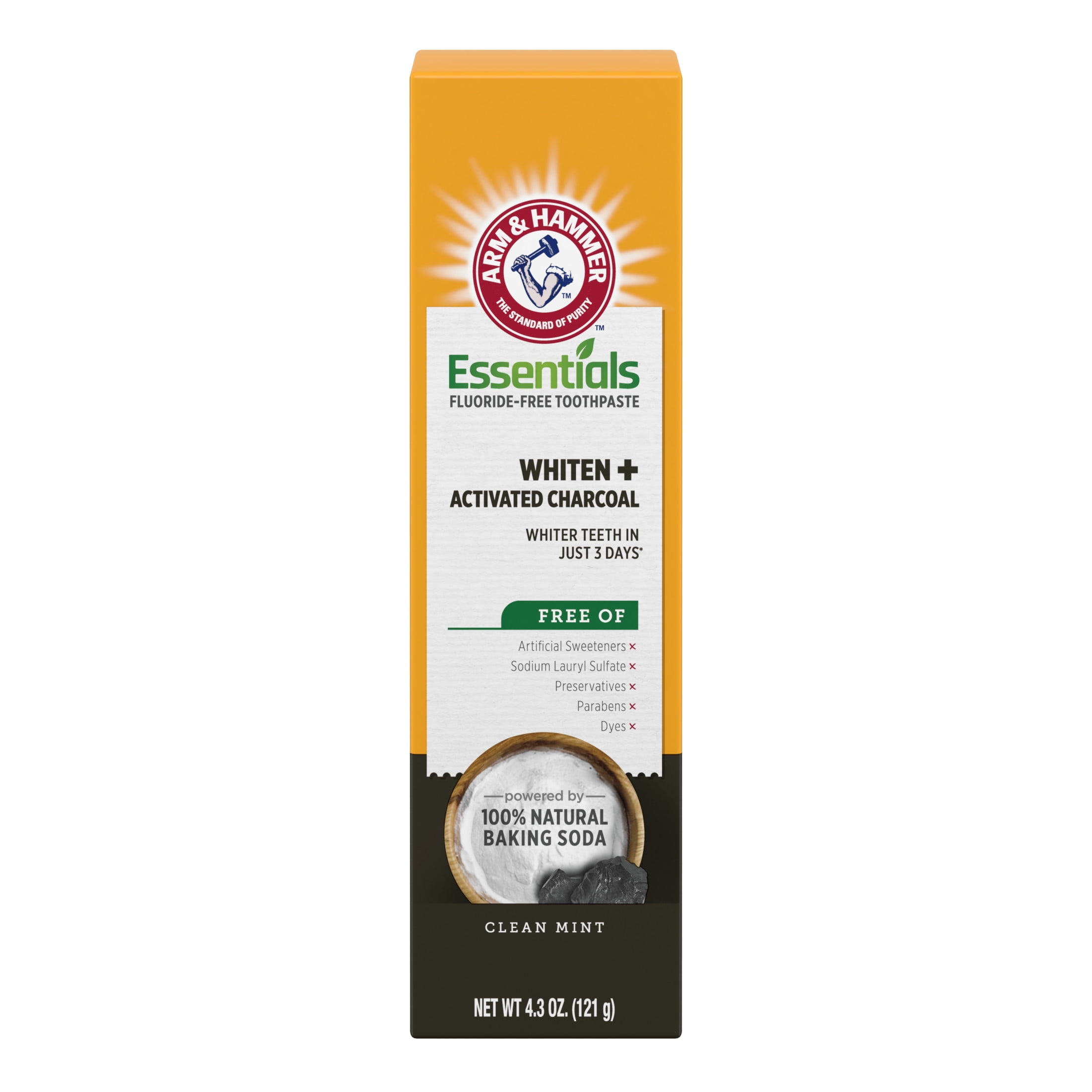 (2 pack) ARM & HAMMER Essentials Fluoride-Free Toothpaste Whiten + Activated Charcoal-One  4.3oz Tube, Clean Mint- 100% Natural Baking Soda