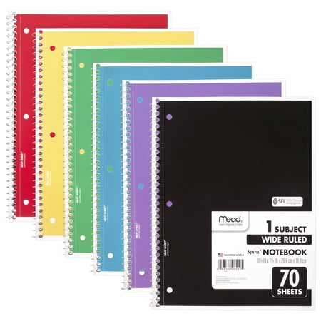 Mead Spiral Notebook, 6 Pack, 1-Subject, Wide Ruled Paper, 7-1/2" x 10-1/2", 70 Sheets per Notebook, Color Will Vary (73063) BE5