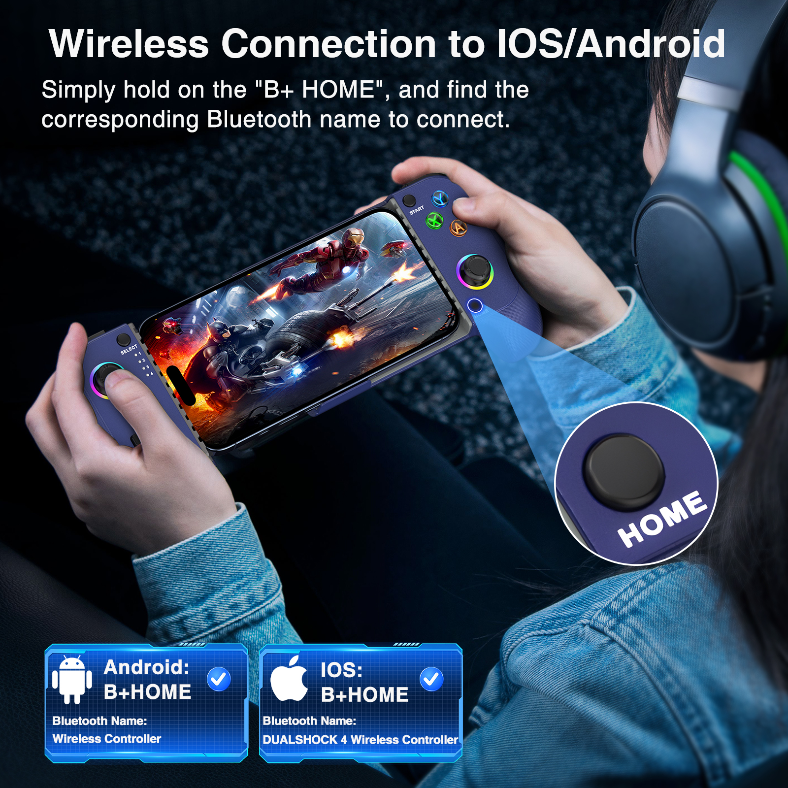 Controlador de Juegos Móvil para iPhone y Android, Controlador Inalámbrico QQV con RGB, Botones Traseros Programables, Diseño Extensible, Azul 7