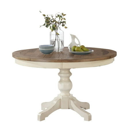 Prato Round Antique White and Distressed Oak Two-tone Finish Wood Dining Table