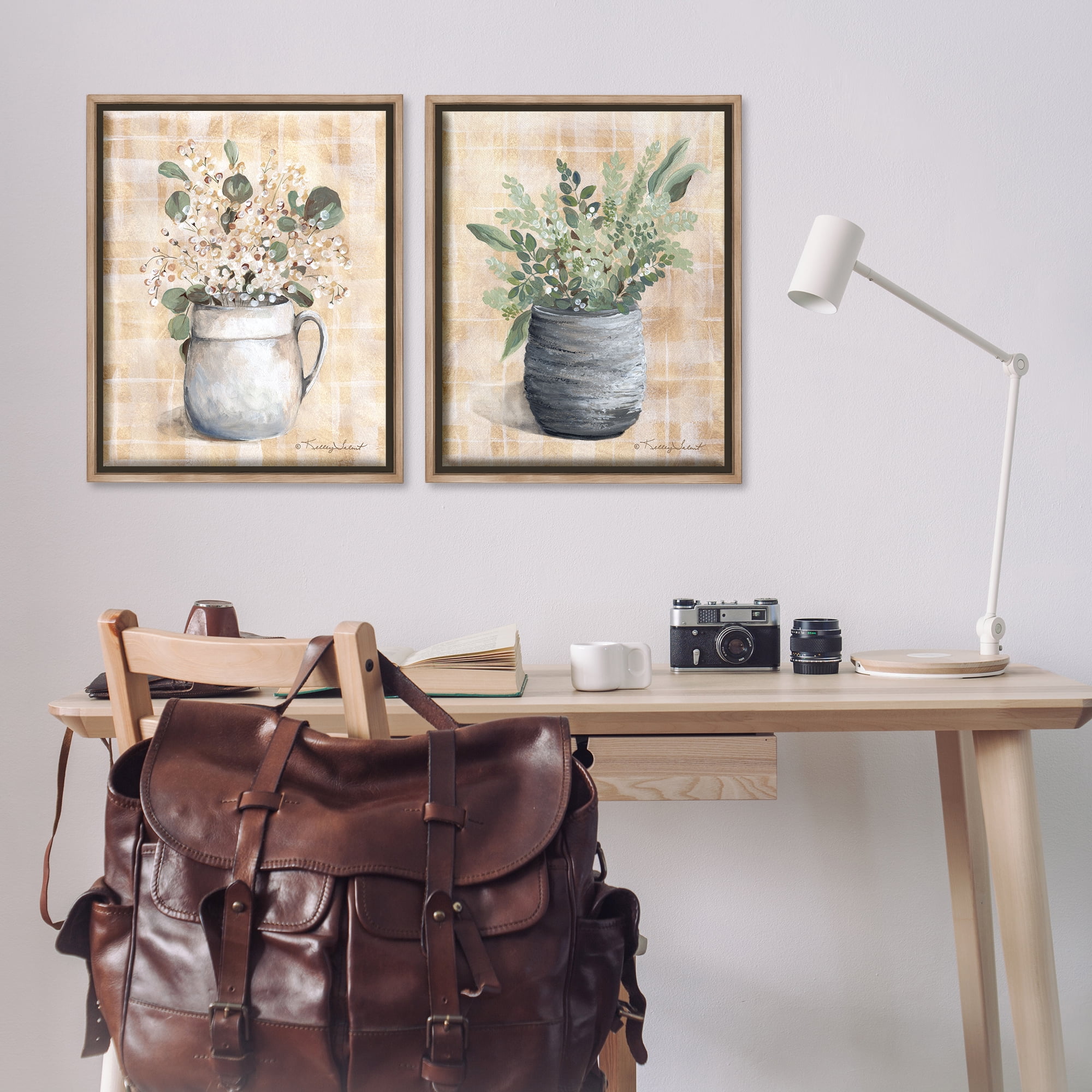 Stupell Industries Traditional Flowers Pitcher Pot Plants & Flowers Painting Brown Floater Framed Canvas Art Print Wall Art, 31 x 25, Set of 2