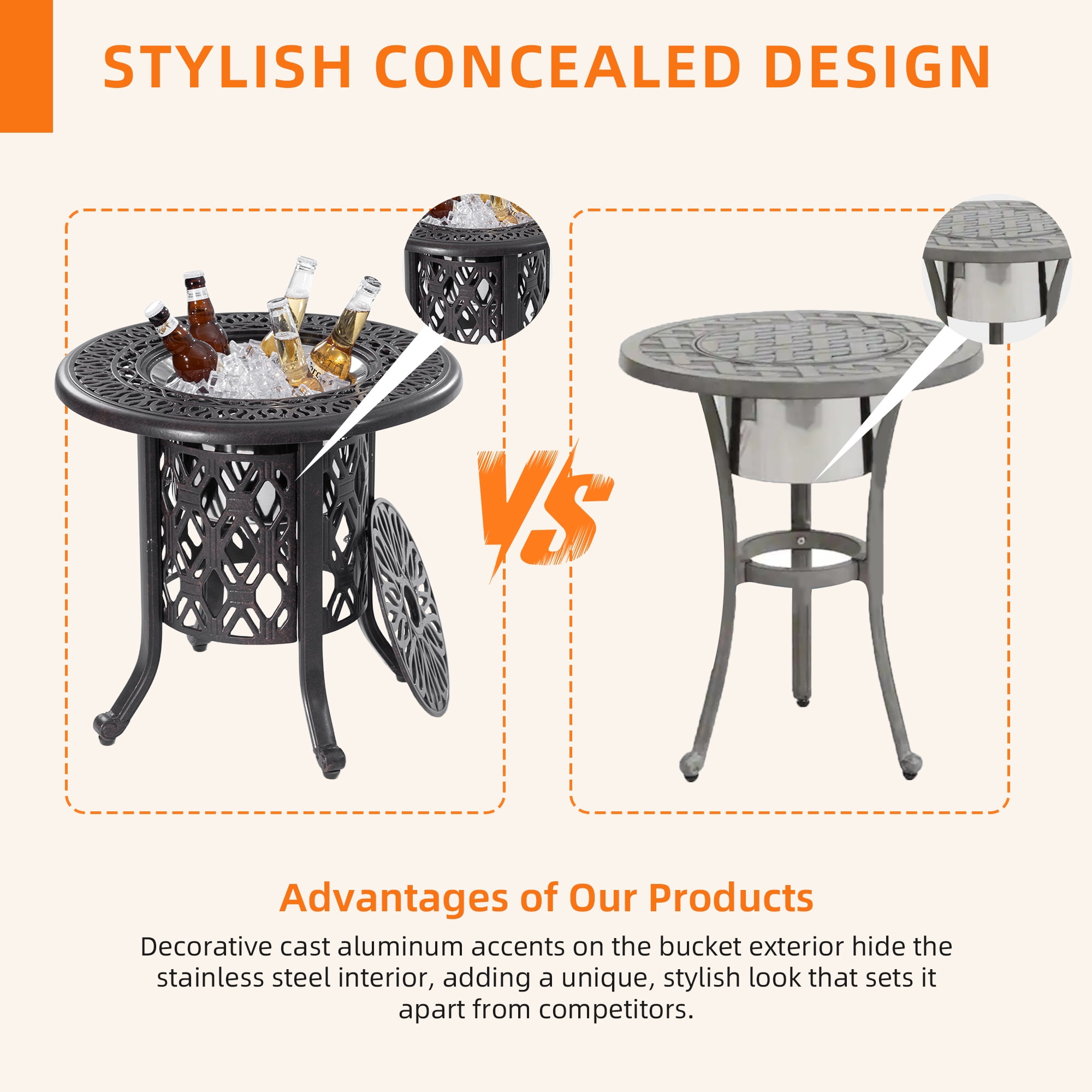 Patio Cooler Bar Table,Side Table With Removable Ice Bucket for Indoor & Outdoor, Patio, Balcony,Bronze