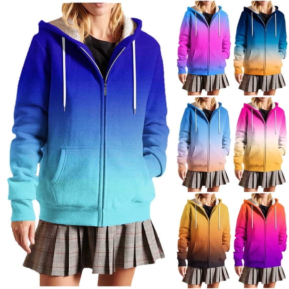 XPMWRP Womens Zip Up Hoodies Fashion Casual Drawstring Jacket Long Sleeve Oversized Sweatshirts Gradient Color Streetwear Coat Blue L