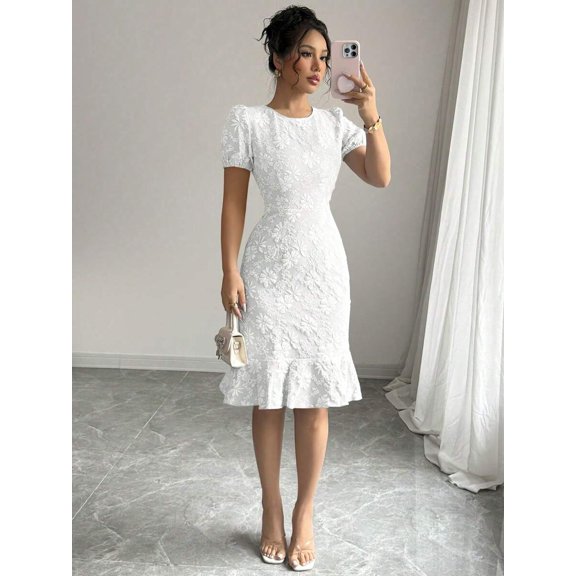 White Floral Embroidered Puff Sleeve Ruffle Hem Midi Sheath Dress