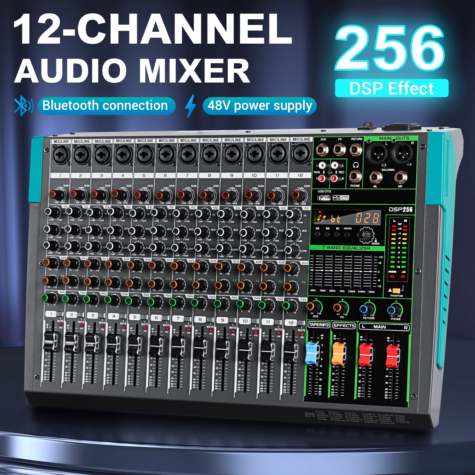 Depusheng PA12 Mixing Console 12-Channel Audio Mixer with 48V 256DSP Reverb Effect  PC AUX Play Record Podcast Broadcast stage