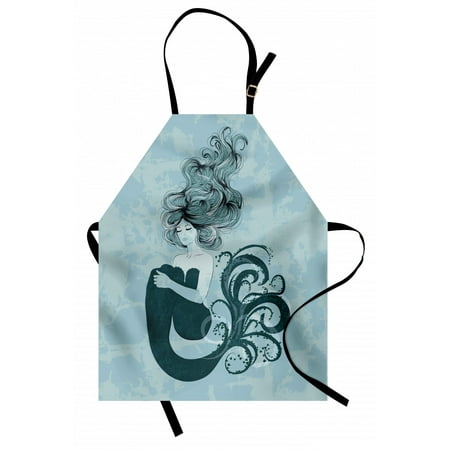 

Mermaid Apron Sleeping Mermaid Design With Wavy Hair Hand Drawn Effect Grungy Backdrop Unisex Kitchen Bib Apron with Adjustable Neck for Cooking Baking Gardening Pale Blue Dark Teal by Ambesonne