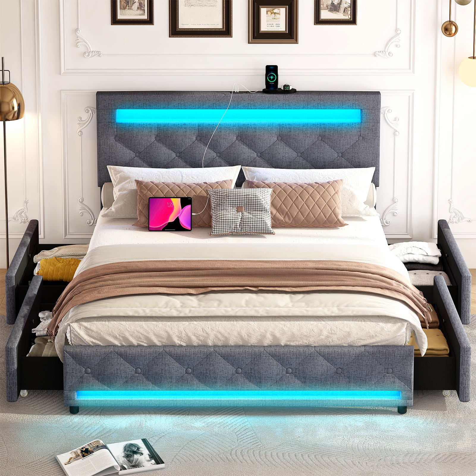 LED Bed Frame Queen Size with 4 Storage Drawers + 2 USB Ports and Outlets, Adjustable Upholstered Headboard, Solid Wooden Slat Support, No Box Spring Needed