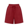thumbnail image 3 of Favoffer Women Cotton Linen Casual Shorts Elastic Drawstring Waistband Side Storage Pockets Mid Thigh Length Lightweight Solid Color Bottoms for Daily Travel Beach Casual Activities, 3 of 5