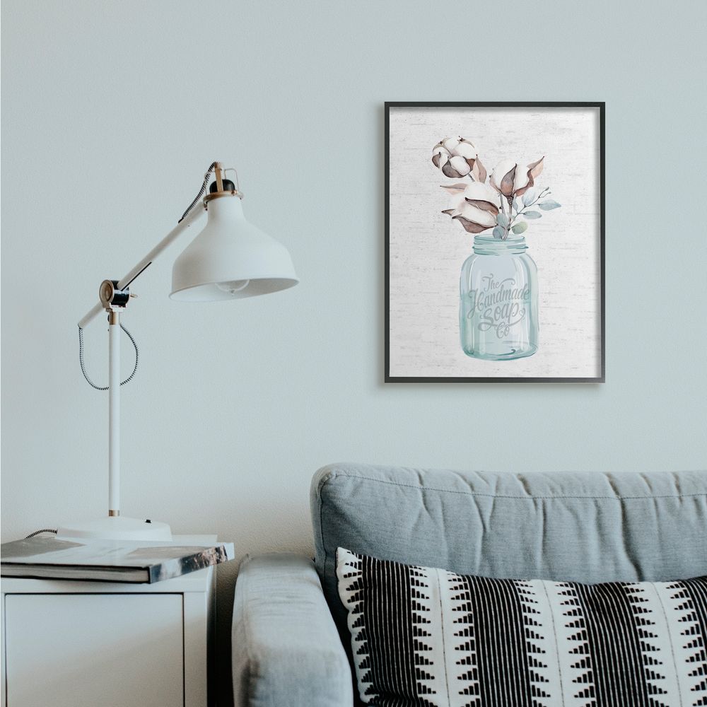 Stupell Industries Cotton Flower in Soap Branded Jar Floral Charm Botanical & Floral Painting Black Framed Art Print Wall Art, 24 x 30