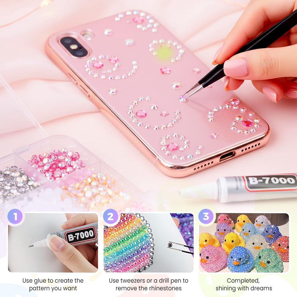 Colorful DIY Resin Rhinestone Kit for Bedazzling, Resin Jelly Rhinestones for Bedazzling, Multicolor 3mm Flatback Gems for Diamond Art 3Pcs B7000 Jewelry Glue for Bedazzled Nail Art （38000）