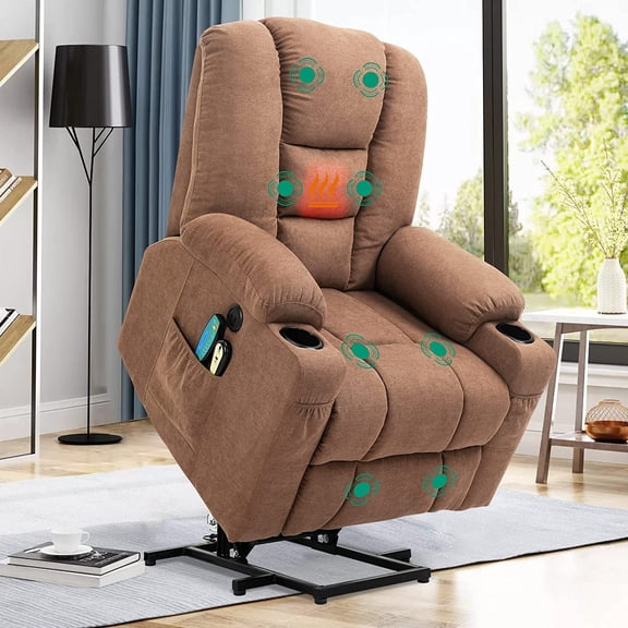 VIVIJASON Power Lift Chair Electric Recliner for Elderly Heated Vibration Massage Fabric Recliner Chair with 2 Remote Controls, Cup Holders, Side Pockets & USB Ports for Living Room (Coffee)
