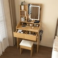 thumbnail image 2 of Wooden Vanity Table with LED Mirror, Power Outlet and Hairdryer Holder, Compact Dressing Desk with Drawers, Shelf & Padded Stool for Small Bedrooms, 2 of 14