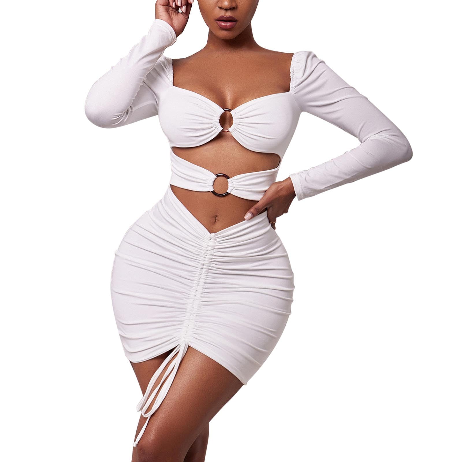 Women Square Neck Long Sleeve Dresses White Hollow Out Elegant Bodycon Mini  Dress Autumn Winter - Walmart.com