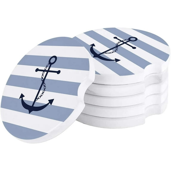 FMSHPON Nautical Theme Anchor Geometric Blue Stripes Set of 4 Car Coaster for Drinks, Absorbent Ceramic Stone Coasters Cup Mat with Cork Base for Home Kitchen Room Coffee Table Bar Decor