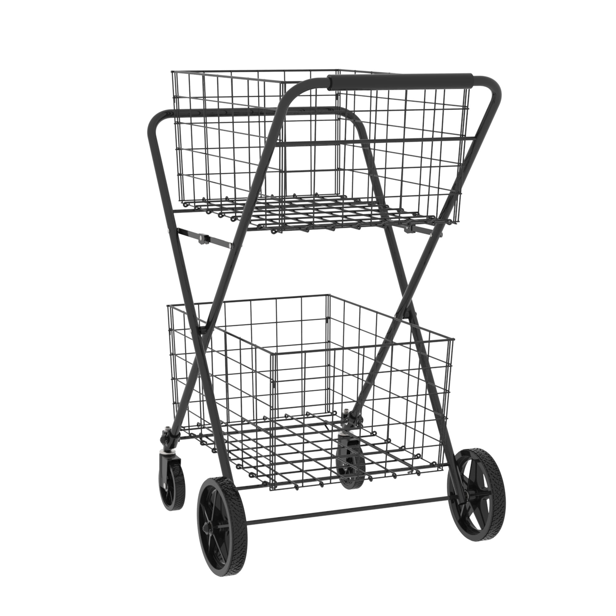 Shopping Cart,2 Layers Grocery Cart on Wheels,Foldable Utility Shopping Carts with Double Basket and 360° Rolling Swivel Wheels