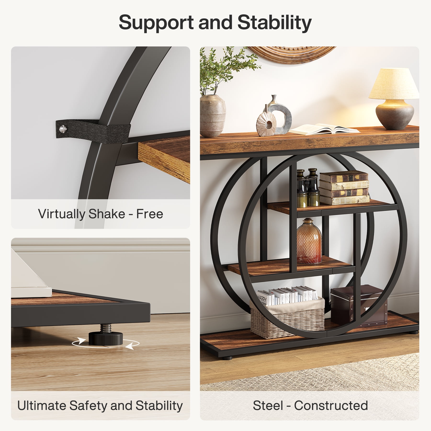 Fnova Console Table, Entryway Table with 4-Tier Storage Shelves, 42" Wood Modern Narrow Long Side Table, , Sofa Table, Accent Table for Living Room, Entryway, Hallway, Dark Brown and Black