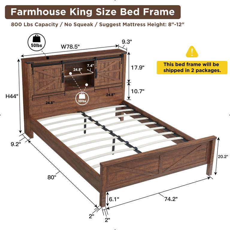 ウッドプラットフォーム　キングサイズ OKD Farmhouse King Bed Frame, Wood Platform Bed with Bookcase
