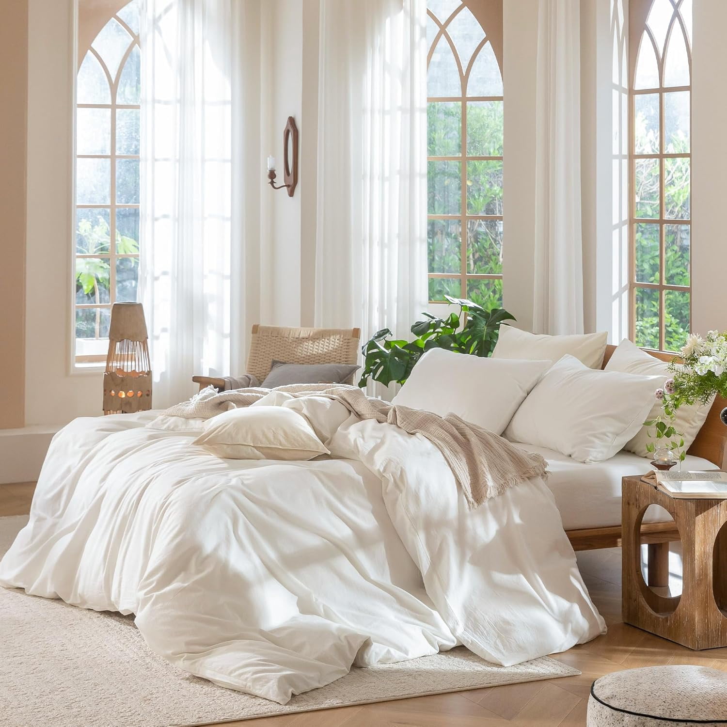 Full Size Off White Washed Cotton Textured Duvet Cover Set
