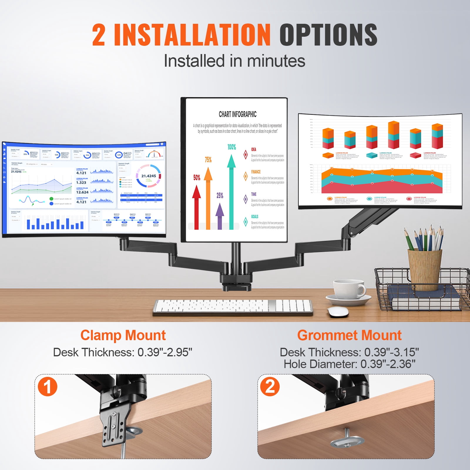 KFFKFF Triple Monitor Arm Mount Desk Stand for 13"-27" Screens up to 20 lbs Each Gas Spring Desk Arms