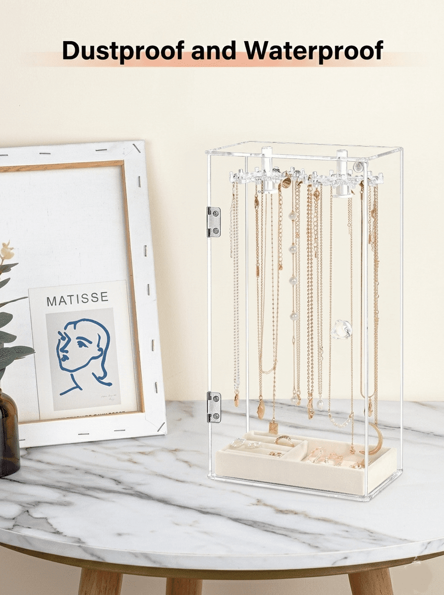 Cirhy Square Necklace Holder with Velvet Tray, Clear Acrylic Rotating Jewelry Organizer Box, Dustproof Necklace Display Case with 24 Hooks for Necklaces, Rings, Earrings, Bracelets