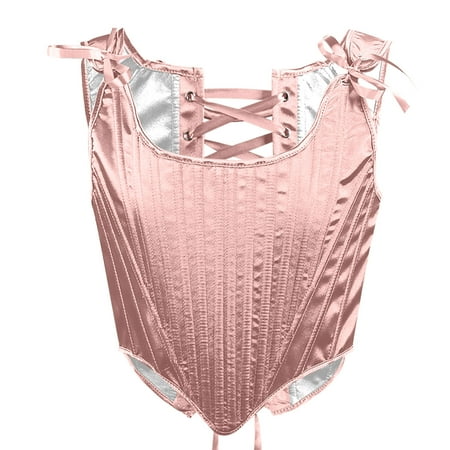 Mrat V Neck Tank Tops Women Lace-Up Solid Fishbone Court Vintage Corset Straps Tank Tops Shapewear Plus Size Tank Tops S-31 Pink-A S