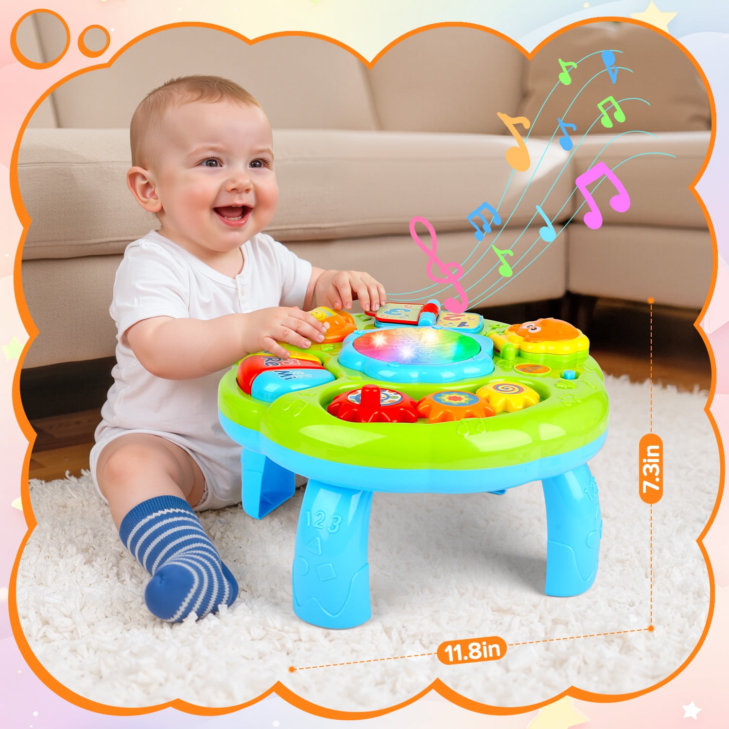 Carsky Baby Musical Activity Table, Light & Sound Learning Drum Toy with Piano, Flip Book & Animal Mirror, Multifunction Toddler Play Center for 6-24 Months Boys Girls Birthday ChristmasToy Gifts