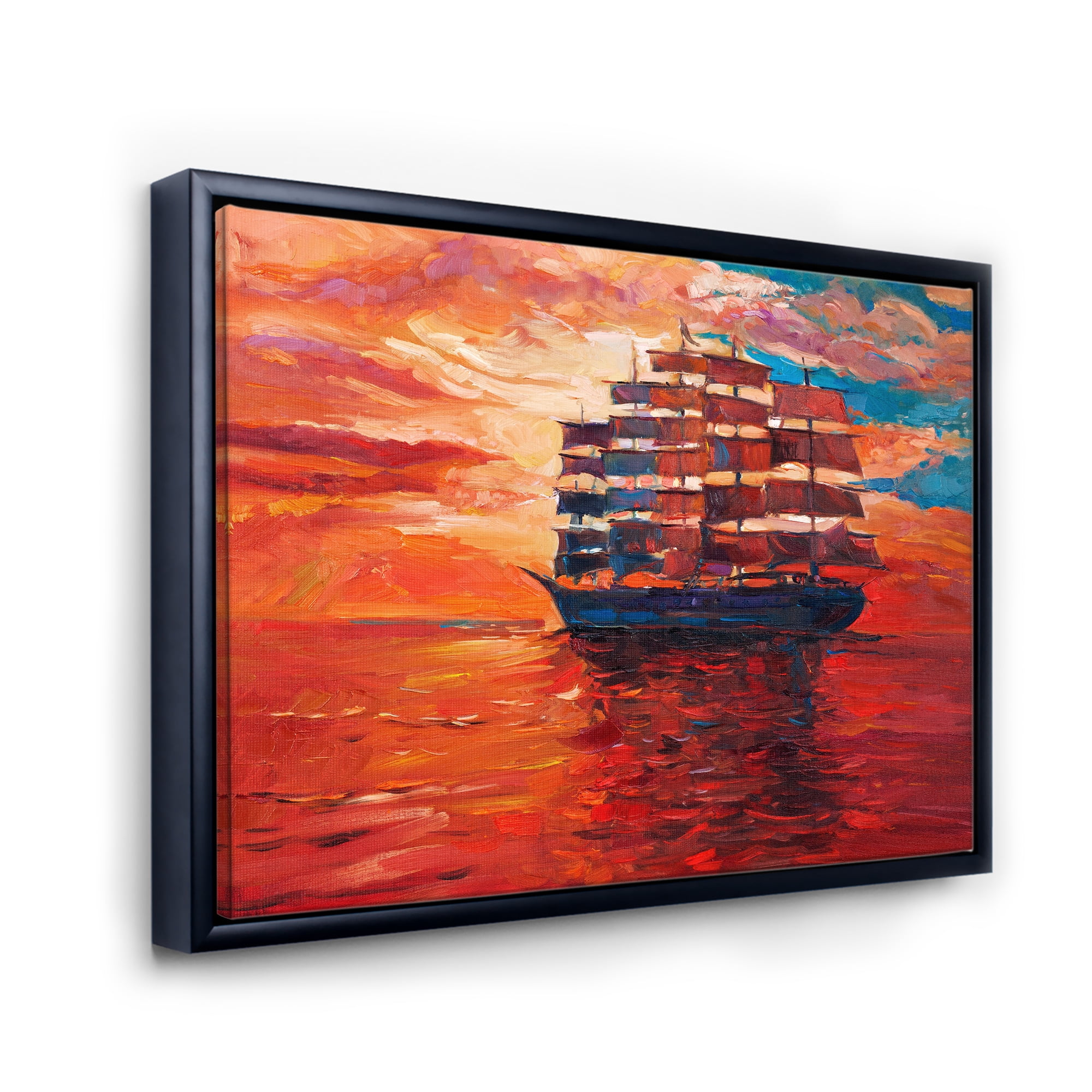 Designart 'Frigat During Red Evening Glow On The Ocean Horizon' Nautical & Coastal Framed Canvas Wall Art Print