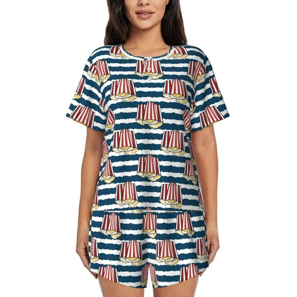 Balery Popcorn Conjunto de Pijama para Mujer con Estampado, Dos Piezas de Manga Corta y Shorts, Ropa de Dormir Suave con Cuello Redondo y Bolsillos-Small