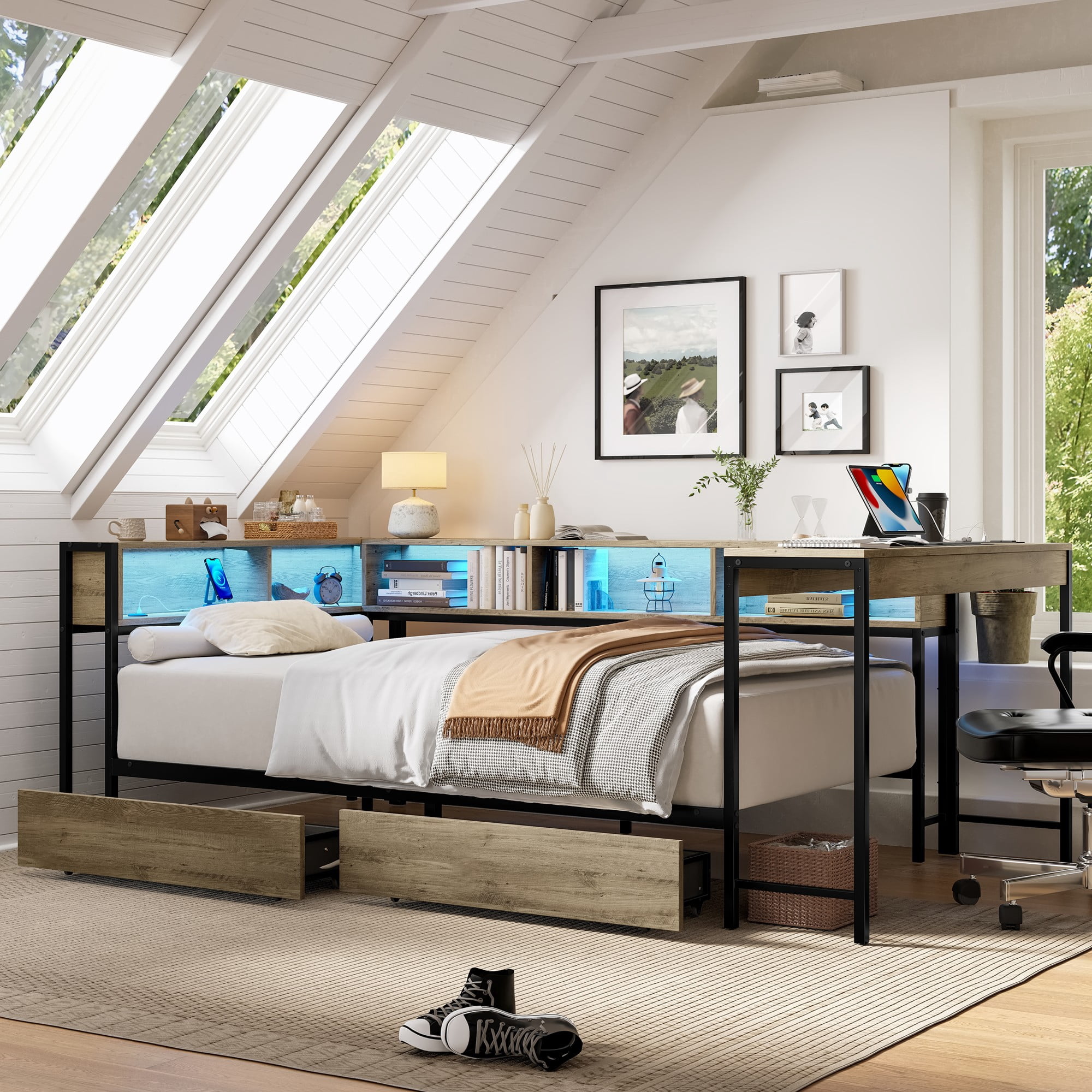 AENKYO Queen Size Corner Daybed with Desk & Storage Headboard, LED Lights, Power Outlets & Drawers, Gray