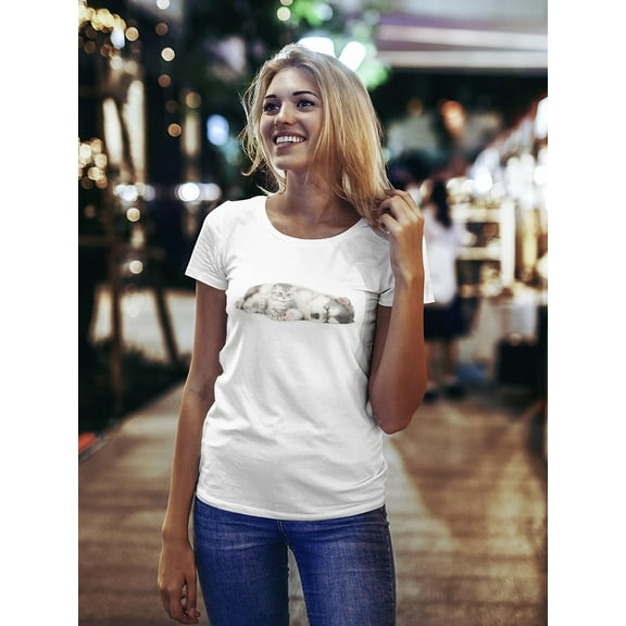 Tabby Kitten Near Sleeping Puppy T-Shirt Women -Image by Shutterstock, Female Large