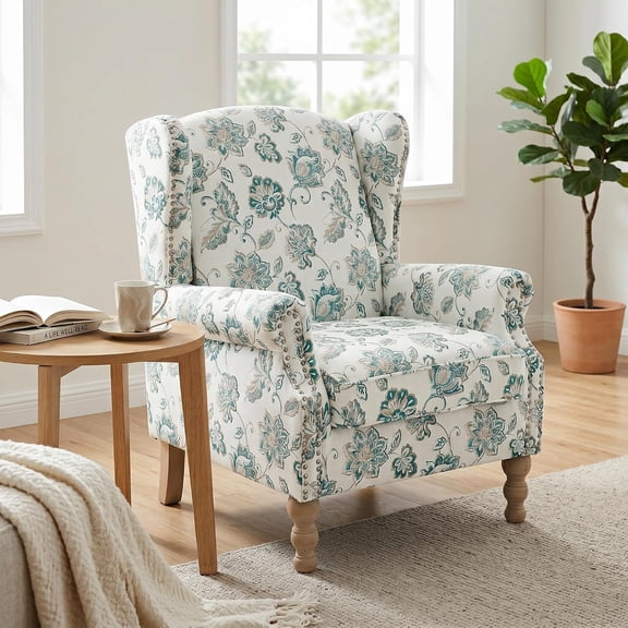 LJAN Mid Century Floral Wingback Chair with Nailhead Trim in Elegant Fabric and Solid Wood Legs for Living Room or Bedroom - Comfortable Upholstered Armchair for Modern Home Decor