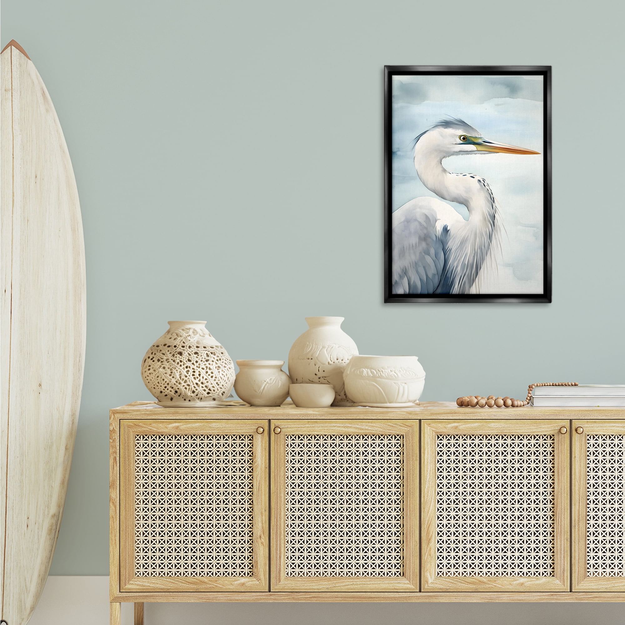 Stupell Industries Serene Beach Bird Animals & Insects Painting Black Floater Framed Canvas Art Print Wall Art, 21 x 31